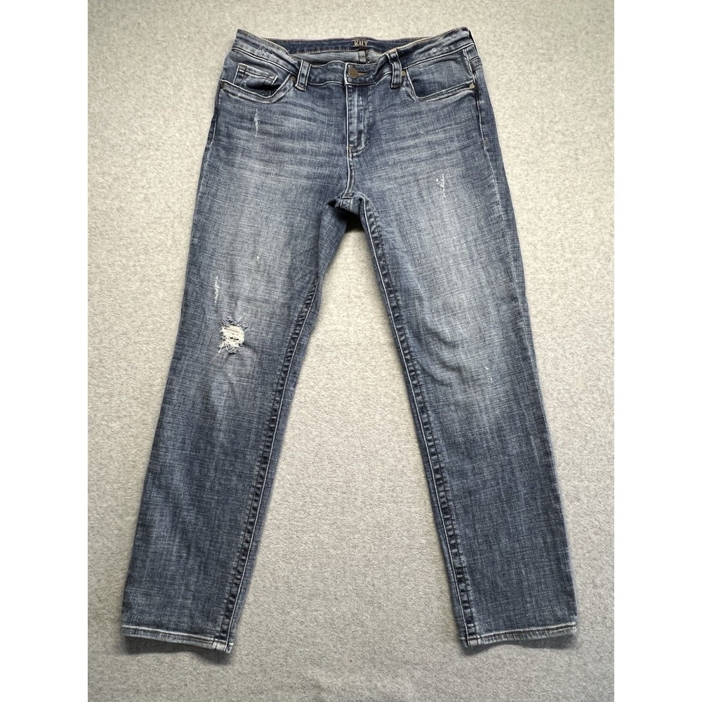 Kut From The Kloth Straight Leg Jeans Women's 12 Blue Med Wash Denim Distressed - Picture 1 of 14